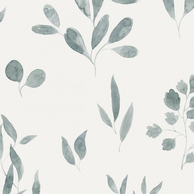 Tapet lavabil cu design floral minimalist, Belle Ocean Blue, cu frunze delicate în nuanțe de albastru și gri pe un fundal alb. Tapetul este perfect pentru dormitoare, holuri sau livinguri.