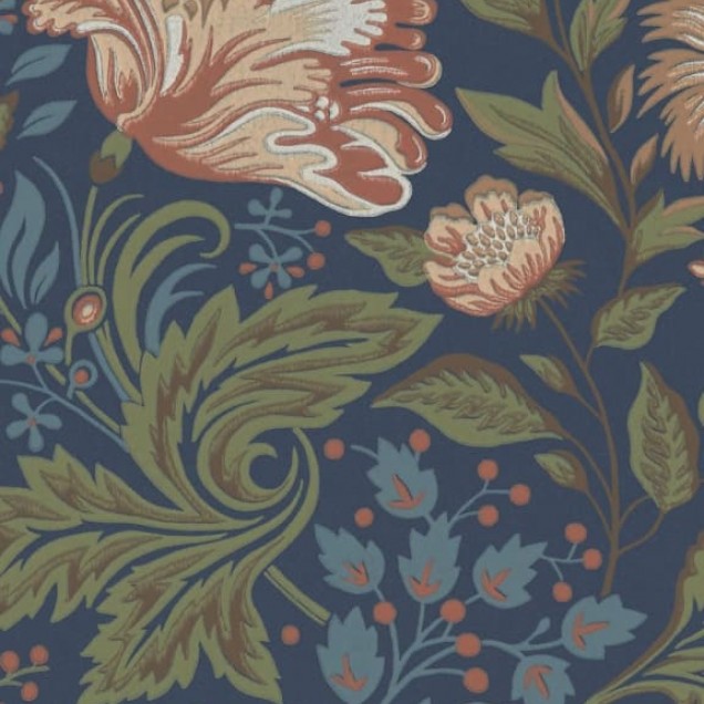 Tapet lavabil cu model floral delicat, albastru închis, cu flori roz deschis, verde și albastru deschis.