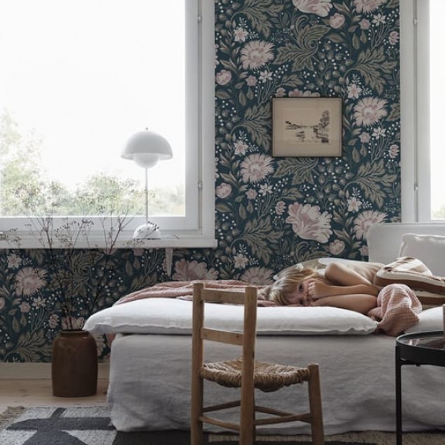 Tapet lavabil cu design floral Ava Dark Blue, culoare albastru închis