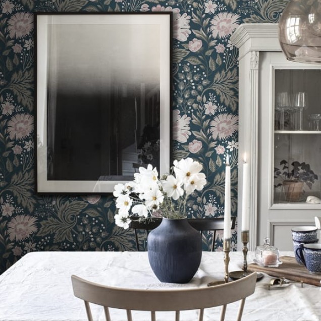 Tapet lavabil cu design floral Ava Dark Blue, culoare albastru închis