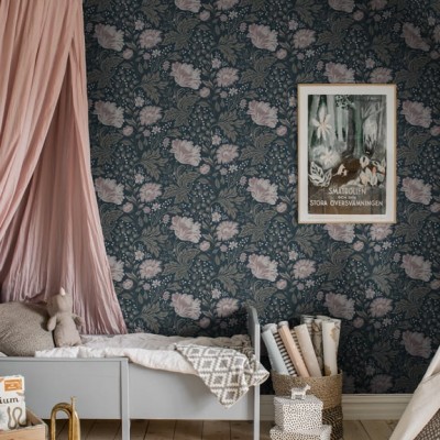 Tapet lavabil cu design floral Ava Dark Blue, culoare albastru închis