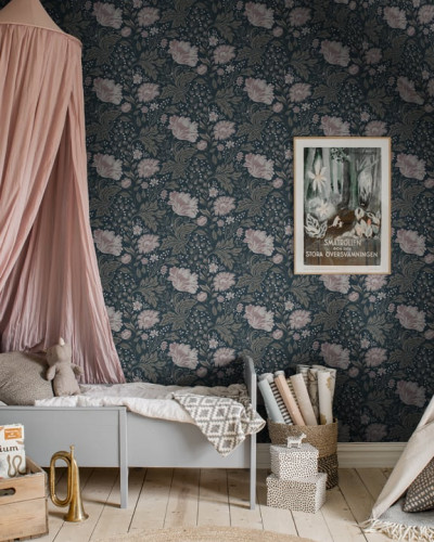 Tapet lavabil cu design floral Ava Dark Blue, culoare albastru închis