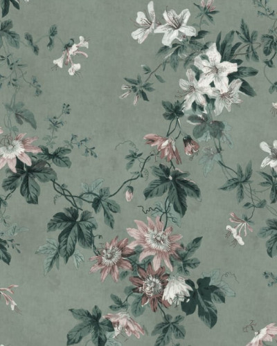 Tapet lavabil Faded Passion Sage Green cu un design floral luxuriant