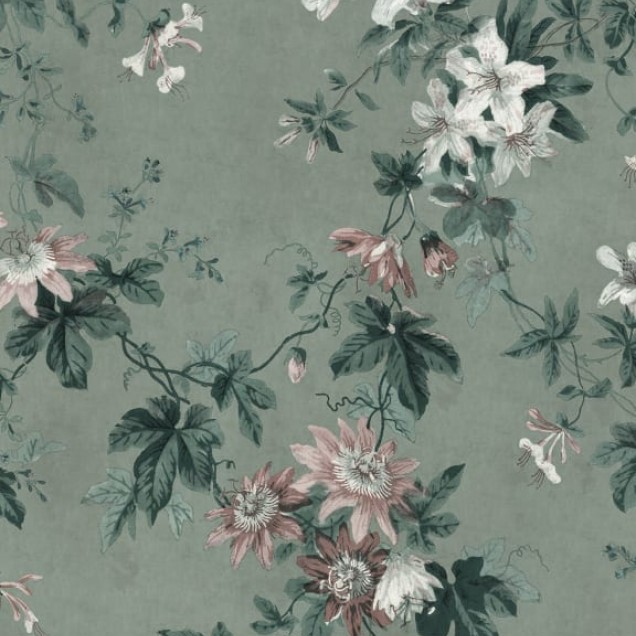 Tapet lavabil Faded Passion Sage Green cu un design floral luxuriant
