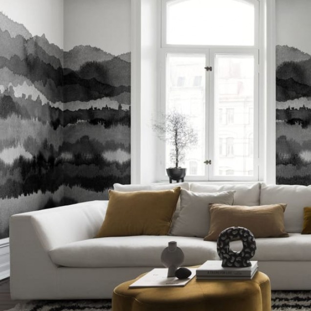 Tapet lavabil Midnatt Dark Grey cu design abstract în nuanțe de gri închis