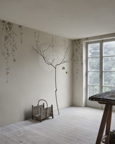 Tapet lavabil Wabi Sabi Light Grey, cu un design minimalist inspirat de natura, cu ramuri delicate si frunze delicate.