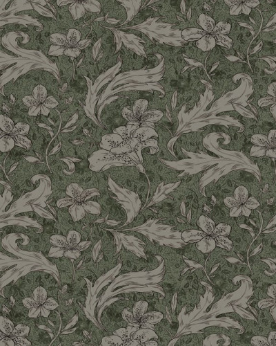 Tapet lavabil cu design floral delicat, Mattias Forest Green, în nuanțe de verde.