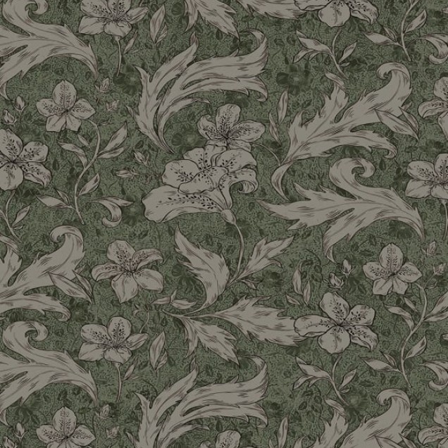 Tapet lavabil cu design floral delicat, Mattias Forest Green, în nuanțe de verde.