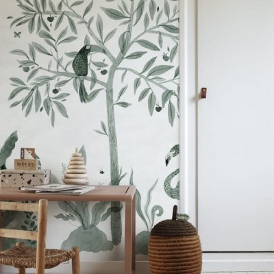 Tapet lavabil cu arbore verde, flamingo roz si soparla