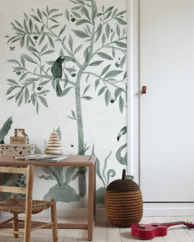 Tapet lavabil cu arbore verde, flamingo roz si soparla