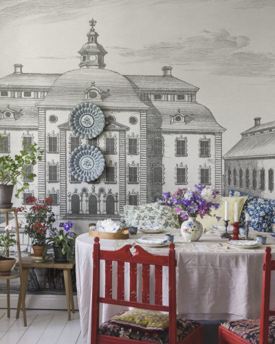 Tapet Löfstad Slott Graphite cu un design grafic al castelelor