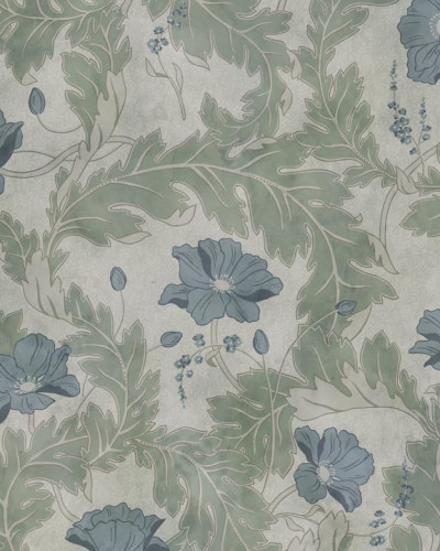 Tapet lavabil Poppy Garden Green cu flori delicate si frunze verzi