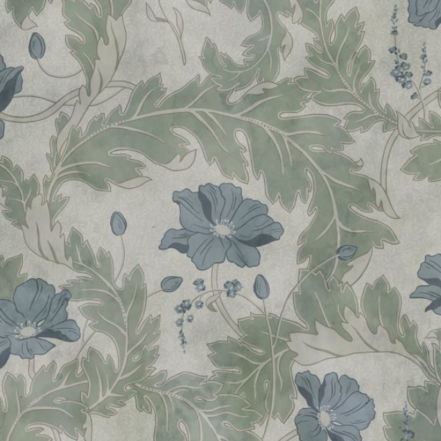 Tapet lavabil Poppy Garden Green cu flori delicate si frunze verzi