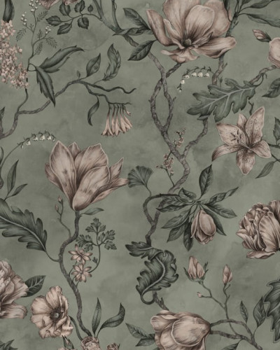 Tapet floral lavabil cu flori delicate în nuanțe pastelate.