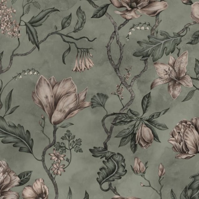 Tapet floral lavabil cu flori delicate în nuanțe pastelate.