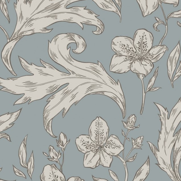 Tapet lavabil cu model floral delicat, in nuante de gri si albastru.