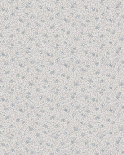 Tapet Stella Misty Blue cu un design discret, cu un model subtil de flori gri pe un fundal albastru perlat.
