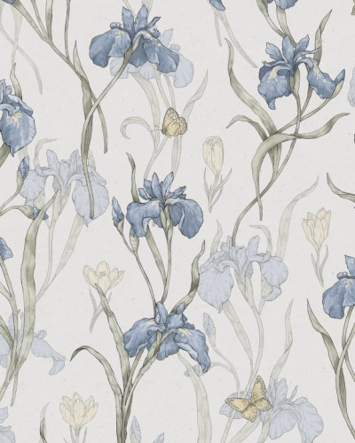 Tapet Iris Sky Blue cu flori albastre delicate pe fundal crem.