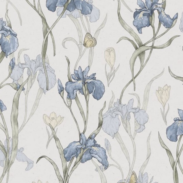 Tapet Iris Sky Blue cu flori albastre delicate pe fundal crem.