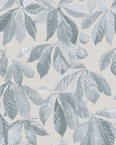 Tapet lavabil cu design modern de frunze de castan, in culori delicate de albastru si gri.