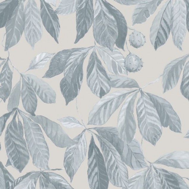 Tapet lavabil cu design modern de frunze de castan, in culori delicate de albastru si gri.