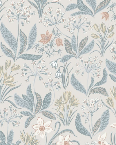 Tapet lavabil cu flori delicate pe un fond bleu pal
