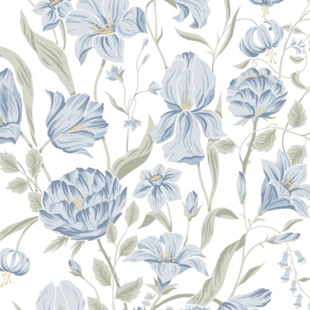 Tapet floral lavabil, Karins Bukett Sky Blue, cu flori albastre delicate pe un fundal alb.