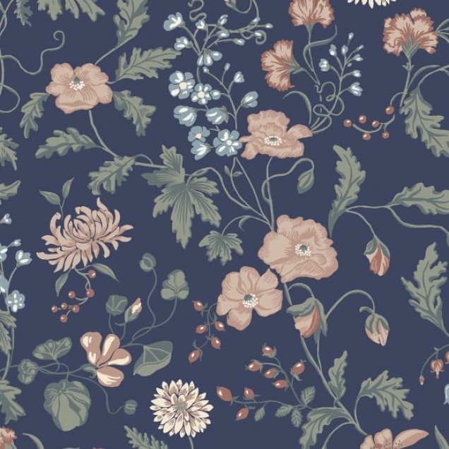 Tapet floral lavabil, Till Karin Midnight Blue, cu un design bogat, dar elegant, pe un fundal de albastru inchis.