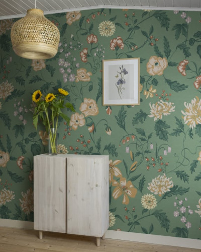 Tapet lavabil cu flori delicate, de culoare verde smarald.