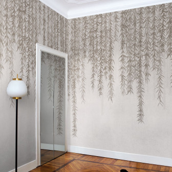 Tapet decorativ cu model delicat de salcie plângătoare într-o cameră elegantă.