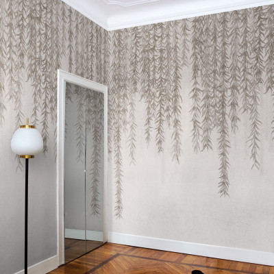 Tapet decorativ cu model delicat de salcie plângătoare într-o cameră elegantă.