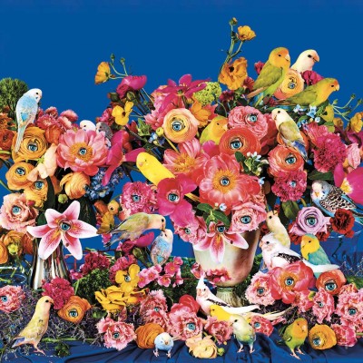 Tapet floral Bird Watching cu pasari si ochi in locul petalelor.