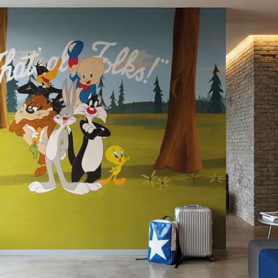 Fototapet Looney Tunes 201, cu Bugs Bunny, Daffy Duck, Taz, Sylvester, Tweety și Porky Pig într-o pădure, cu textul 