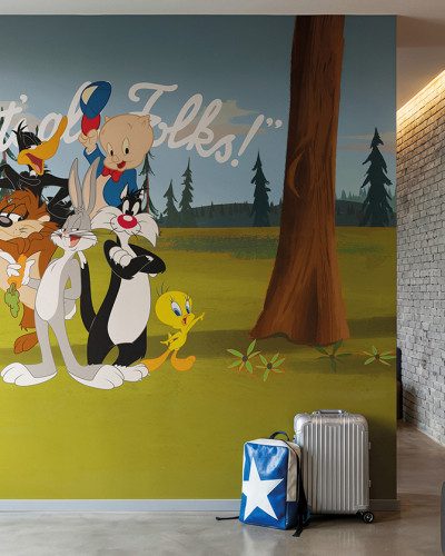 Fototapet Looney Tunes 201, cu Bugs Bunny, Daffy Duck, Taz, Sylvester, Tweety și Porky Pig într-o pădure, cu textul 