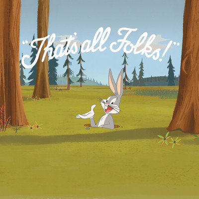 Bugs Bunny iese dintr-o gaură în pământ, ținând o pasăre albă, pe un fototapet cu un peisaj forestier și mesajul 