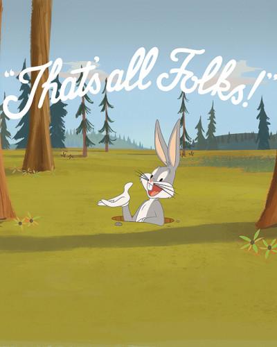 Bugs Bunny iese dintr-o gaură în pământ, ținând o pasăre albă, pe un fototapet cu un peisaj forestier și mesajul 