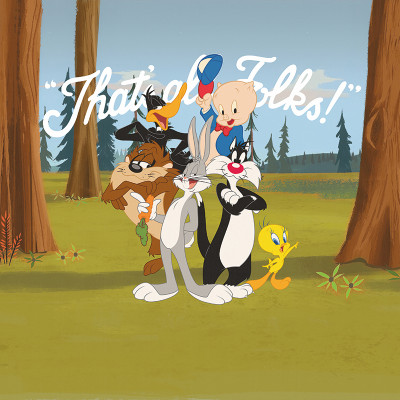 Fototapet Looney Tunes 201, cu Bugs Bunny, Daffy Duck, Taz, Sylvester, Tweety și Porky Pig într-o pădure, cu textul 