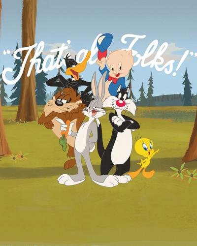Fototapet Looney Tunes 201, cu Bugs Bunny, Daffy Duck, Taz, Sylvester, Tweety și Porky Pig într-o pădure, cu textul 