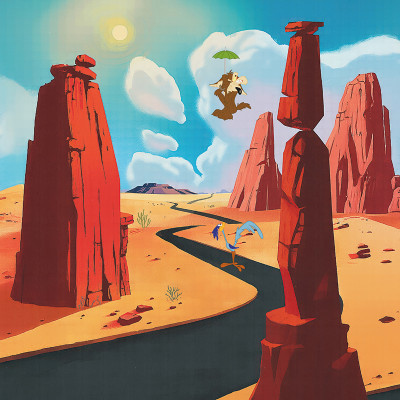 Fototapet Looney Tunes 202 cu Wile E. Coyote cu umbrela și Road Runner pe un drum șerpuit în deșert, printre stânci roșii.