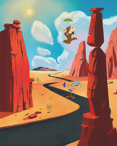 Fototapet Looney Tunes 202 cu Wile E. Coyote cu umbrela și Road Runner pe un drum șerpuit în deșert, printre stânci roșii.