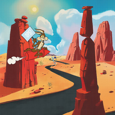 Fototapet Looney Tunes 202 cu Wile E. Coyote pe o rachetă și Road Runner în deșert, într-o cameră decorată modern.