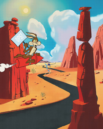 Fototapet Looney Tunes 202 cu Wile E. Coyote pe o rachetă și Road Runner în deșert, într-o cameră decorată modern.