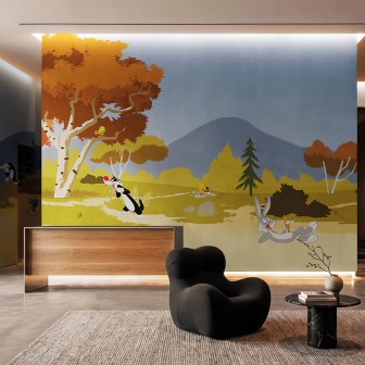 Fototapet Looney Tunes 203 cu Bugs Bunny, Sylvester și alte personaje animate într-un peisaj de pădure, decorând un hol modern cu mobilă minimalistă.