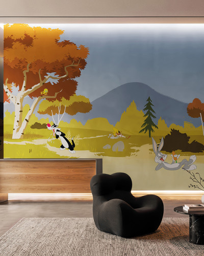 Fototapet Looney Tunes 203 cu Bugs Bunny, Sylvester și alte personaje animate într-un peisaj de pădure, decorând un hol modern cu mobilă minimalistă.