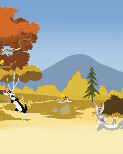 Fototapet Looney Tunes 203 cu Bugs Bunny, Sylvester și alte personaje animate într-un peisaj de pădure, decorând un hol modern cu mobilă minimalistă.