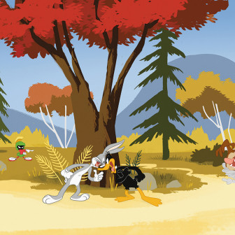 Fototapet cu personaje Looney Tunes: Bugs Bunny, Daffy Duck, Marvin Marțianul și Taz într-un peisaj de toamnă vibrant.