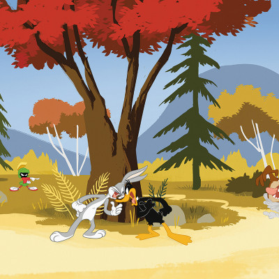 Fototapet cu personaje Looney Tunes: Bugs Bunny, Daffy Duck, Marvin Marțianul și Taz într-un peisaj de toamnă vibrant.