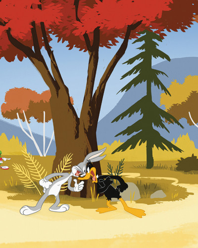 Fototapet cu personaje Looney Tunes: Bugs Bunny, Daffy Duck, Marvin Marțianul și Taz într-un peisaj de toamnă vibrant.