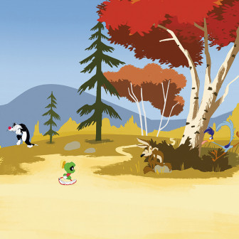 Fototapet Looney Tunes 203 cu Sylvester și Tweety, Marvin Marțianul, Wile E. Coyote și Road Runner într-un peisaj de toamnă vibrant, cu copaci roșii și cer albastru.
