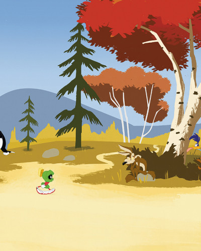 Fototapet Looney Tunes 203 cu Sylvester și Tweety, Marvin Marțianul, Wile E. Coyote și Road Runner într-un peisaj de toamnă vibrant, cu copaci roșii și cer albastru.